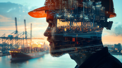 Double exposure Engineer hardhat designs smart contracts using blockchain for automated payments in international trade.