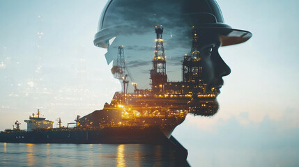 Obraz premium Double exposure Engineer hardhat develops AI-driven predictive maintenance systems for international shipping vessels.