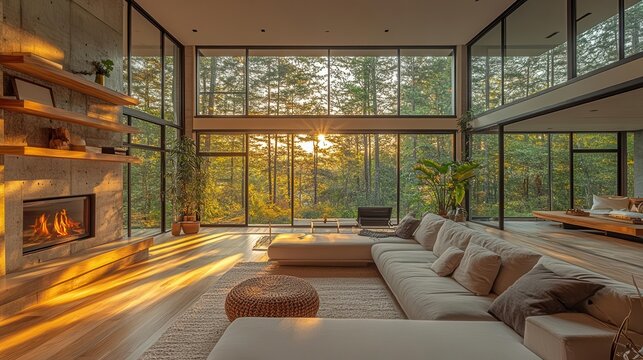 Fototapeta luxe forest retreat floortoceiling windows minimalist fireplace organic textures panoramic nature views
