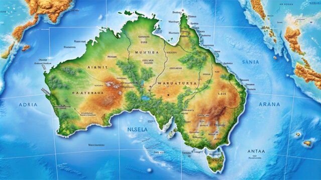 Vibrant Australia map with clear borders and geographical features, showcasing states, territories, and surrounding oceans, perfect for educational, travel, or business presentations.