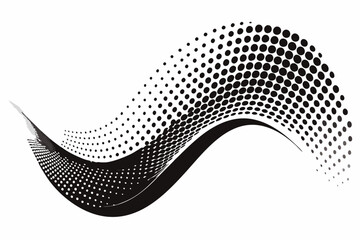 vector illustration of flowing dots and particles forming 3D wave pattern with curved halftone shapes