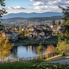 Fototapeta premium Scenic view of suburban homes by a tranquil lake in autumn