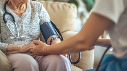 Fototapeta premium A nurse gently taking the blood pressure of an elderly patient at home. The patient is seated in a cozy armchair, with the nurse explaining the procedure, showcasing the importance of in-home 