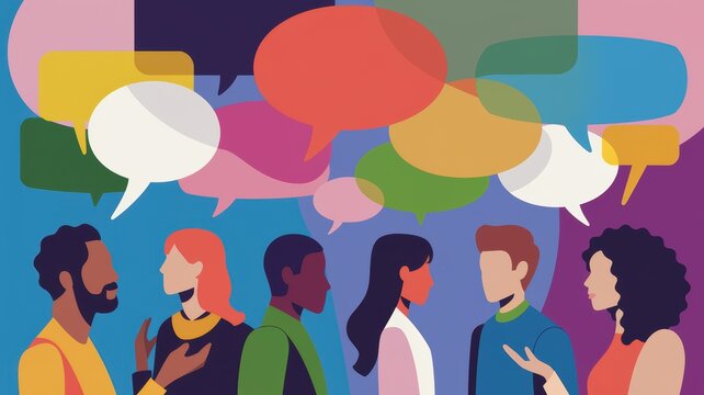 A vibrant illustration depicting diverse individuals engaged in conversation, highlighted by colorful speech bubbles symbolizing dialogue and communication