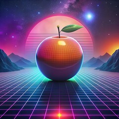 A vibrant. 80s inspired illustration of a shiny. red apple against a neon grid backdrop.