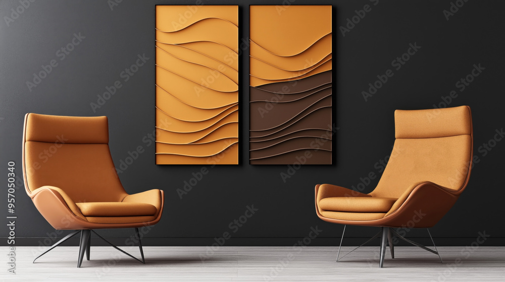 Poster A modern interior with two orange chairs facing each other and two abstract wall art pieces in shades of orange and brown against a dark wall background.