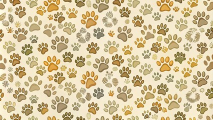 Obraz premium Intricate illustration of animal footprints in various shapes and sizes, forming a seamless repeating pattern in neutral colors, ideal for wallpapers, fabrics, and surfaces.