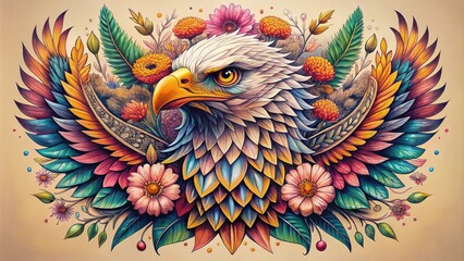 Fototapeta premium Intricate illustration of a majestic eagle's head with outstretched wings, adorned with vibrant flowers and leaves, forming a stunning tattoo design on a toned arm.