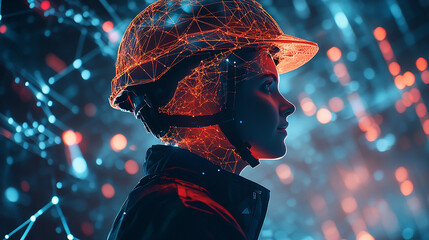 Double exposure Engineer hardhat integrates cloud-based platforms for global coordination of supply chain activities.