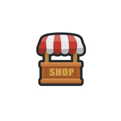 wooden shop stand sign in outline flat vector design.