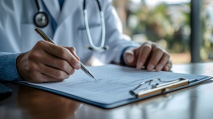 Writing Prescription: Doctor's hands writing a prescription on a clipboard, with a pen and paper.
