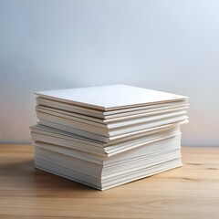 A neat stack of white paper on a light wood surface. perfect for showcasing your designs or products.