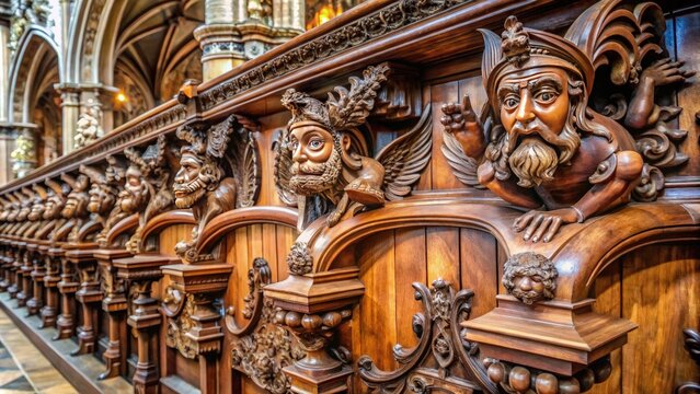 Intricately carved medieval wooden misericord supports weary worshippers in a historic European cathedral, adorned with fantastical creatures and foliage in a masterful display of Gothic