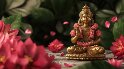Obraz premium Lakshmi idol, adorned with flowers, 3D illustration