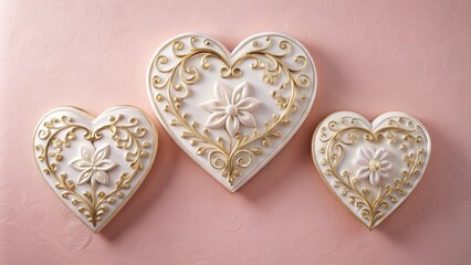 Fototapeta premium Intricately designed heart-shaped wall plaques made of white ceramic with gold accents, hanging on a soft pastel pink wall, adding a touch of romance and elegance.