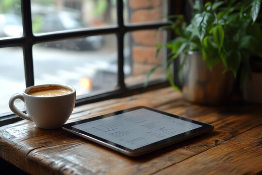 A cozy coffee shop scene featuring a cup of coffee and a tablet on a wooden table by a window with a view of greenery.