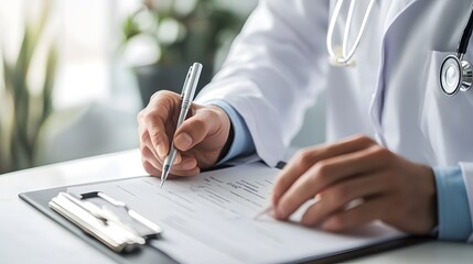 Writing Prescription: Doctor's hands writing a prescription on a clipboard, with a pen and paper.
