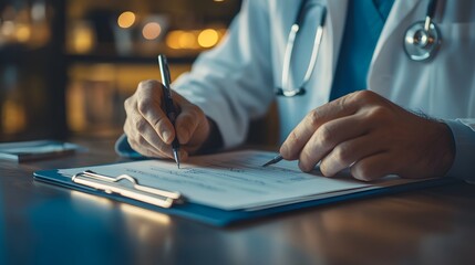 Obraz premium Writing Prescription: Doctor's hands writing a prescription on a clipboard, with a pen and paper. 