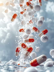 Medical capsules in water. Tablets and pills drugs in transparent liquid, antibiotics or aspirin tablets wallpaper. Realistic pharmaceutical medicine background