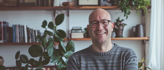 A bald man with glasses and a cozy sweater stands smiling in a warmly lit room, surrounded by plants and shelves filled with books.