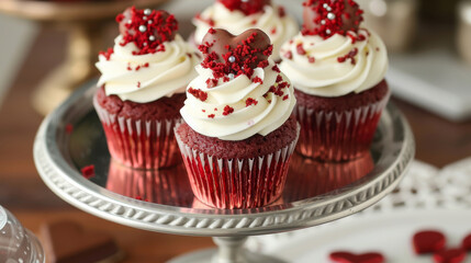 Classic Red Velvet Cupcakes: Cream cheese frosting, red velvet crumbs, and a chocolate heart on a silver cake stand