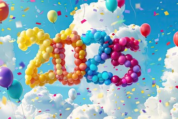 Colorful 2023 balloon design floating in the sky, surrounded by clouds, confetti, and various party balloons. Festive celebration concept.