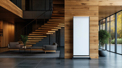 Modern interior with wooden staircase, grey armchairs, coffee table, large window showcasing outdoor foliage, and a blank vertical poster stand.