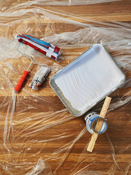 Painting supplies on the floor