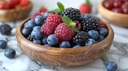 Assortment of colorful berries in a wooden bowl, rich in antioxidants, brain health focus.