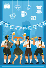 Obraz premium Beer Fest Celebration Poster with Dancing People and Festival Labels 