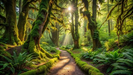 Fototapeta premium Lush green forest surrounds a serene winding trail, overgrown with moss and ferns, as dappled sunlight filters through the canopy of towering ancient trees.