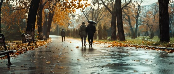 Naklejka premium A couple walks through a rainy park under an umbrella, surrounded by autumn leaves and distant figures, capturing a moment of romance and serenity.