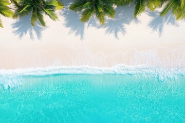 beach background with coconut tress and sea waves with copy space, tourism holiday theme