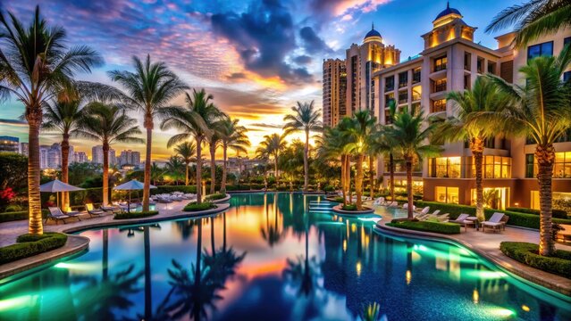 Luxurious resort hotel at twilight, with vibrant neon lights and sprawling pool area, surrounded by palm trees and lively cityscape in the background.