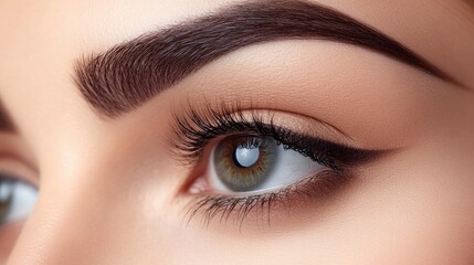 Obraz premium Detailed close-up of a woman's eye makeup, emphasizing her beautifully groomed eyebrows and long, curled eyelashes.