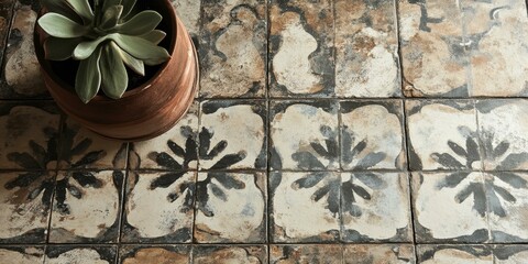 Fototapeta premium Potted plant on patterned tile floor.
