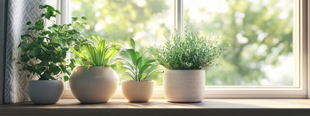 3D rendering of houseplants in a green home on a window sill with natural light in interior settings