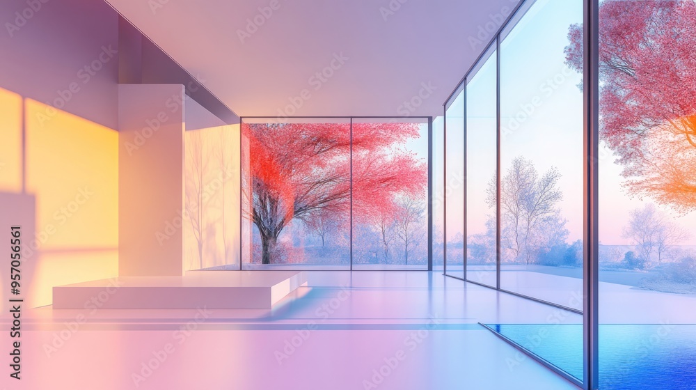 Poster abstract minimalist house interior featuring smooth architectural design and large windows enhanced 