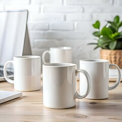 Fototapeta premium Four white mugs on a wooden table with a laptop and a potted plant in the background.