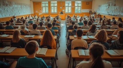 Students sit in a crowded classroom, engaged with their teacher amid old educational materials and insufficient supplies. Generative AI
