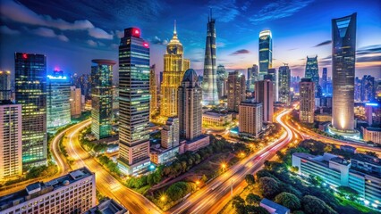 Naklejka premium Vibrant city lights illuminate the night sky as skyscrapers and boulevards stretch towards the horizon, capturing the dynamic energy of a bustling metropolitan landscape.