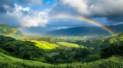 Obraz premium View of the Road to Hana with a rainbow, after a brief shower, vibrant colors arching over the lush green valley, the winding road visible below, sunlight breaking through clouds, creating a vibrant