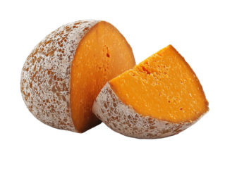 Halved round aged mimolette cheese with vibrant orange interior isolated on PNG cutout transparent background.