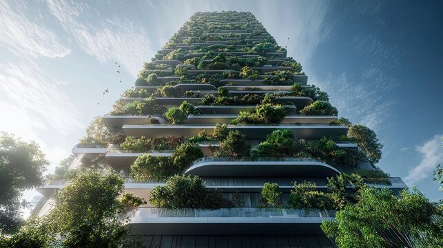 60. An innovative and futuristic architectural design for a self-sustaining skyscraper that harmoniously integrates nature and technology