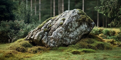 Fototapeta premium Large mossy rock in a forest clearing.