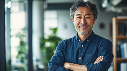 オフィスで腕組みして挑戦的な表情をしている日本人の中年男性、背景おしゃれなオフィスのボケ、日本の企業戦士 50代
