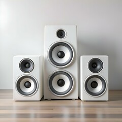 Three modern white speakers on a wooden floor. ideal for music. audio. and tech designs.