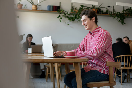 Smiling student boy working on laptop in cafe