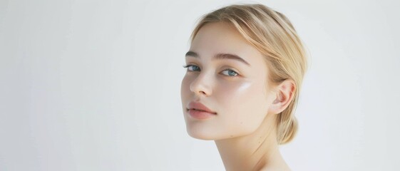 A serene portrait of a young woman with fair skin and blonde hair, delicately lit, evoking a sense of purity and tranquility against a minimalist background.