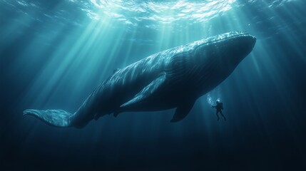Fototapeta premium An underwater scene where a diver is facing a massive whale. The diver appears small in comparison, floating in the vast, deep blue ocean.